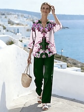 billige Blusedresser for kvinner-Dame Todelt sett Buksesett Bolero topp 3/4 ermer V-hals Blomstret Grafisk Trykt mønster Daglig Stilfull Avslappet Daglig Strand Blå Gul Lilla Sommer Normal