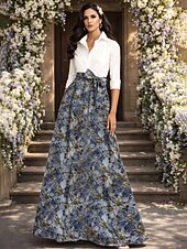 levne Délka podlahy-A-Linie Na zem Košilové šaty Šaty pro svatební hosty Formální šaty Šaty pro matku nevěsty Dlouhý rukáv Košilový límec Elegantní Vinobraní Formální Strečová látka s Mašle Barevné bloky