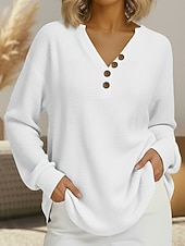 billiga Enkel t-shirt-Dam Texturblus Våffelskjorta Våffel T-shirt Blus Knappar Slät Stylish Klassisk Modern Långärmad V-hals Vanliga toppar Dagligen Helgdag Utekväll Svart Vit Rubinrött Marinblå Vår Höst