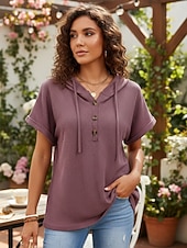 Недорогие Простая футболка-Жен. Летние вершины Сплошной цвет Элегантный стиль Винтаж Симпатичные Стиль С короткими рукавами Капюшон Обычные топы Повседневные Синий Черный Розовый Лиловый Бежевый Лето Весна Осень