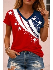  día de la independencia americana Mujer Camiseta Estampado Graphic Bandera Vintage Elegante Clásico Manga Corta Escote en Pico Tops regulares Diario Rojo óxido Negro Blanco Rojo Verano Primavera