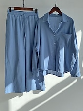 preiswerte Sets-Damen Baumwoll-Leinen Hosen Sets Bolero Oberteil Langarm Hemd Kragen Einfarbig Mode Streetwear Lässig Alltag Draußen Blau Schwarz Weiß Sommer Lockerer Schnitt