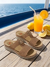 baratos Mulheres-Sandálias femininas ortopédicas marrons com estampa floral – calçados confortáveis, respiráveis e com amortecimento, ideais para uso diário, em casa, em viagens e longas caminhadas.