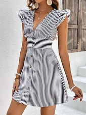cheap Stripe&amp;Geometric Dress-Women's Mini Dress A Line Dress Summer Dress Casual Daily Regular Fit Striped Short Sleeve V Neck Black Yellow Pink Green Summer Spring