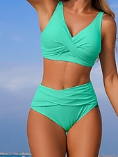 economico Bikini-Per donna Costumi da bagno Bikini Due pezzi Costume da bagno Arricciato Senza schiena Vacanza Abbigliamento da Spiaggia Semplice Scollo a V Senza Maniche Costumi da bagno
