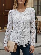 preiswerte Spitzenoberteile-Damen Hemd Bluse Spitzentops Spitze Einfach Stilvoll Modern Lässig Langarm Rundhalsausschnitt Normale Oberteile Täglich Ausgehen Blau Schwarz Weiß Rosa Wein Frühling Herbst