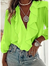 levne Jednoduché blůzy-Dámské Košile Volány Knoflíky Bez vzoru dámy Dlouhý rukáv Lucerna rukáv Košilový límec Běžné topy Denní Práce Travní zelená Trávová zelená Béžová Růžová Léto Jaro