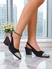 abordables zapatos de tacón con tira-Zapatos de tacón de bloque negros con tira trasera para mujer: zapatos de vestir profesionales de dos tonos con punta puntiaguda y puntera plateada para trabajo de oficina y reuniones. &amp;viaje diario