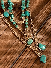 preiswerte Halskette für Damen-Boho-Chic-Schmuckset für Damen, bestehend aus mehrlagigen Halsketten aus einer Legierungskette und türkisfarbenen Perlenanhängern – Vintage-Schmuck für Damen, perfekt für Alltag, Urlaub, Strand und Partys.