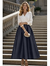 cheap Cocktail Dresses-Two Piece Tea Length Cocktail Dresses Party Dresses Elegant Color Block Long Sleeve V Neck Wedding Party Wear Satin with Pleats