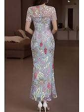 cheap Cocktail Dresses-Mermaid Trumpet Ankle Length Cocktail Dresses Elegant Vintage Floral Short Sleeve Crew Neck Wedding Formal Lace with Embroidered Flower 3D Flowers Appliques