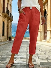 Χαμηλού Κόστους Πολυτελή Παντελόνια-Γυναικεία Καλοκαίρι παντελόνι 100% Bumbac Παντελόνια με κοψίματα Παντελόνι παραλίας Διακοπές Κλασσικό Μέχρι τον αστράγαλο Μεσαία Μέση Τσέπη Σακουλιασμένος Ελαστικό σχέδιο κορδονιών περίσφιξης