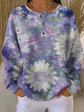 preiswerte Blumen-Hoodies-Damen Pullover Sweatshirt Knöpfe Blumen Grafik Mode Lässig Druck Langarm Rundhalsausschnitt Normale Oberteile Lässig Heim Arbeit Blau Schwarz und Rot Hellgrün Purpur Orange Sommer Frühling