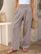 cheap Wide Leg &amp; High Waisted-Women's Wide Leg Chinos Vacation Fashion Streetwear Full Length High Waist Plaid Pocket Elastic Waistband Printing Comfy Comfort Soft Stretchy Daily Outdoor Street Blue Black Yellow Pink Spring Fall