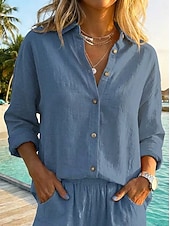 abordables Blouses Unies-Femmes Chemise Chemises en coton et lin Boutonner Chemisier Couleur Unie Basique Occasionnel manche longue Manche Évêque Col de chemise Hauts Réguliers Vacances Quotidien Patchwork Boutons Rose