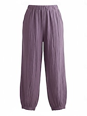 cheap Premium Linen Collection-70% Linen Women's Linen Pants Chinos Summer Pants Bloomers Vacation Streetwear Basic Full Length Medium Waist Plain Pocket Elastic Waistband Comfy Inelastic Daily Outdoor Street Violet Teal Dark