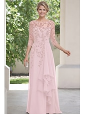 baratos Comprimento do chão-A-Line Floor Length Mother of the Bride Dress 3/4 Length Sleeve Boat Neck Elegant Vintage Embellished Formal Chiffon Lace with Beading Cascading Ruffles