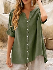 preiswerte Hemden-Damen Bluse Kunstbaumwollleinen Einfarbig Elegant Stilvoll Basic Kurzarm V Ausschnitt Normale Oberteile Täglich Blau Schwarz Purpur Grün Beige Sommer Frühling Herbst