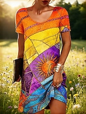  Per donna Mini Abito Abito Boho Vestito Casual Vestito T-Shirt Vintage Quotidiano All'aperto Vacanza Vestibilità regolare Grafico Astratto Manica Corta Girocollo Blu Giallo Viola Arancione Estate