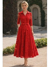 Недорогие Длина щиколотки-А-силуэт До щиколотки Платье-рубашка Вечернее платье Платье для матери невесты Длинный рукав Рубашечный воротник Элегантный стиль Винтаж Официальные Жаккард с Бант(ы) Вышивка Цветы