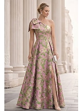 economico Abiti da Sera a Linea A-Linea ad A Lunghezza al pavimento Abito da Sera Elegante Senza Maniche Monospalla Matrimonio Formale Tasca Jacquard Shiena scoperta con Fiocco/Fiocchi Pieghe Spacco