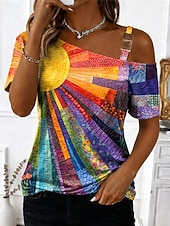 cheap Art&amp;Design Blouses-Women's T Shirt Tee Top Print Asymmetrical Graphic Geometric Abstract Vintage Fashion Stylish Short Sleeve One Shoulder Off Shoulder Regular Tops Daily Going out Weekend Orange Summer Spring
