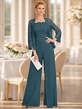 cheap Mom's Jumpsuits-Jumpsuit Pantsuit 3 Piece Floor Length Mother of the Bride Dress Sleeveless Square Neck Elegant Plus Size Formal Wedding Guest Chiffon Corded Lace Wrap Included with Lace Appliques