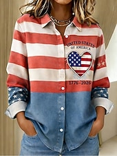  Αμερικανική Ημέρα Ανεξαρτησίας Γυναικείο Πουκάμισο Κουμπιά Εκτύπωση Γραφικών Αμερικανική Επέτειος Vintage Στυλάτο Μοντέρνο Μακρύ Μανίκι Πουκάμισο Κολάρο Μακρύ Τόπες Καθημερινά Μπλε Λευκό Καλοκαίρι