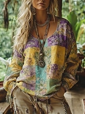  Damen Boho-T-Shirt T Shirt T-Shirt Druck Blumen Vintage Ethnisch Lässig Langarm V Ausschnitt Normale Oberteile Täglich Wochenende Urlaubskleidung Purpur Sommer Frühling Herbst