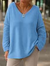 cheap Plain Blouses-Women's Blouse Solid Color Stylish Casual Long Sleeve V Neck Regular Tops Daily Blue Yellow Pink Gray Spring Fall
