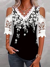 economico Bluse Floreali-Per donna Top con cuciture in pizzo Blusa Pizzo Stampato Floreale Elegante Casual Manica Corta Scollo a V Top Regolari Quotidiano Blu Nero Rosso Viola Estate Primavera