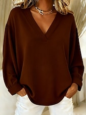 baratos Blusas Simples-Mulheres Blusa Camisa de algodão Côr Sólida Diário à moda Básico Manga Longa Decote V Tops regulares Diário Azul Rosa Marron Bege Primavera Outono