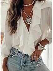 levne Jednoduché blůzy-Dámské Košile Volány Knoflíky Bez vzoru dámy Dlouhý rukáv Lucerna rukáv Košilový límec Běžné topy Denní Práce Travní zelená Trávová zelená Béžová Růžová Léto Jaro