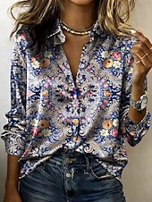 Χαμηλού Κόστους Τέχνη &amp; Σχεδίαση Μπλούζες-Γυναικεία Πουκάμισο Γραφική Γεωμετρικό Λαχούρι Βοημία Βίντατζ Στυλάτο Μακρυμάνικο Κολάρο Πουκαμίσου Κανονικά μπλουζάκια Καθημερινά Αργίες Θαλασσί Καλοκαίρι Άνοιξη