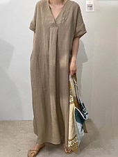 お買い得  エッセンシャルフェイクドレス-女性用 マキシドレス フェイクコットンリネン シフトドレス カジュアル 日常 ルーズフィット 平織り 半袖 Ｖネック ブルー ルビーレッド パープル ブラウン 夏 春 秋