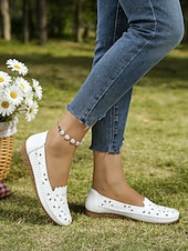 abordables Sandalias planas de mujer-Mocasines blancos transpirables con recortes para mujer con bordado floral, plantilla acolchada suave, elegantes zapatos mocasín casuales y cómodos, perfectos para caminar, viajar, picnics y fiestas