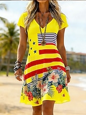  Giorno dell'Indipendenza Americana Per donna Abito al ginocchio Vestito Estivo Vestito T-Shirt Abito a trapezio Vacanza Casual Boho Spiaggia Vestibilità regolare Floreale Grafico Bandiera Manica Corta