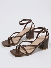 abordables Mujeres-Sandalias de tiras con tacón de bloque en color crema para mujer: elegantes zapatos con punta cuadrada y tira en el tobillo para resorts al aire libre, vacaciones de verano y bodas en la playa.