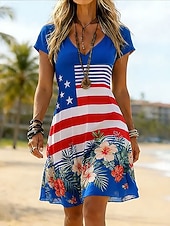  Giorno dell'Indipendenza Americana Per donna Abito al ginocchio Vestito Estivo Vestito T-Shirt Abito a trapezio Vacanza Casual Boho Spiaggia Vestibilità regolare Floreale Grafico Bandiera Manica Corta