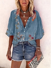 Недорогие Цветочные блузки-Жен. Рубашка С принтом Омбре Цветочный принт Графика Богемия Винтаж Повседневные Рукав 3/4 V-образный вырез Обычные топы Повседневные Праздники Одежда для пляжа