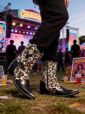 baratos Homens-Botas masculinas de couro legítimo para festivais, com estampa de leopardo, ideais para música.