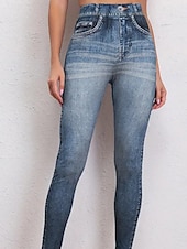 cheap Graphic Leggings-Women's Jeans Leggings Jeggings Vacation Streetwear Casual Full Length Medium Waist Plain Pocket Elastic Waistband Comfy Comfort High Elasticity Daily Home Outdoor Blue Sapphire Blue Ocean Blue Grey