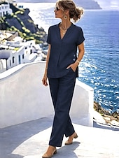 abordables Conjuntos-Mujer Conjunto con tacto de lino Conjuntos de pantalones Bolero Manga Corta Escote en Pico Color sólido Moda Ropa de calle Casual Diario Exterior Azul Piscina Blanco Azul Marino Oscuro Verano Ajuste
