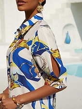 Недорогие Платья для отпуска-шелковистое атласное платье-рубашка с цветочным принтом цвета океанской синей орхидеи