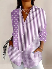 voordelige Strepen- en Geometrische Blouses-Dames Overhemd Blouse Lapwerk Knop Afdrukken Grafisch Geometrisch Ruitjes Vintage Tropisch Dagelijks Lange mouw Overhemdkraag Lange tops Dagelijks blauw Blozend Roze Licht Paars Zomer Lente