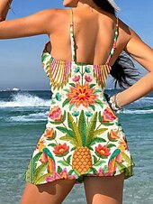 billiga Tankinis-Dam Badkläder En bit Kjol Baddräkt Elegant Semester Grafisk Geometrisk V-hals Ärmlös Baddräkter