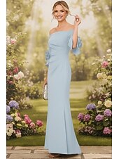 cheap Mermaid Evening Dresses-Mermaid Trumpet Floor Length Wedding Guest Dress Formal Dresses Evening Gown Prom Dresses Elegant Half Sleeve Off Shoulder Prom Formal Stretch Fabric with Embroidered Flower Solid Color