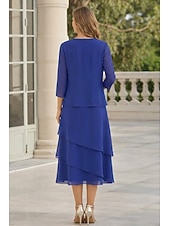 economico Set di abiti per la mamma-Tubino Colonna Lunghezza Tè Abito da invitata a nozze Abito da cerimonia per signora Manica 3/4 Collo gioiello Elegante Ospite di nozze Chiffon Con Stola con Arricciatura
