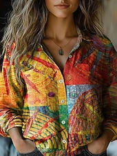 economico Arte &amp; Design Bluse-Per donna Camicia Finto cotone e lino Bottoni Stampato Grafico Geometrico Bohemien Attivo Vintage Manica Lunga Colletto a Camicia Top Regolari Quotidiano Ferie Giallo Primavera Autunno