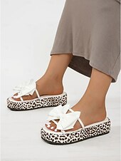 billiga Kvinnor-leopardmönstrade platåsandaler för kvinnor - eleganta vita rosettformade sandaler för lyxiga kryssningssemestrar, tropiska öar &amp;nautiska sommarresor